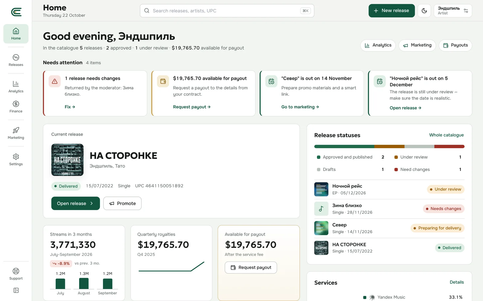 "Home" screen of the MELODEEX dashboard